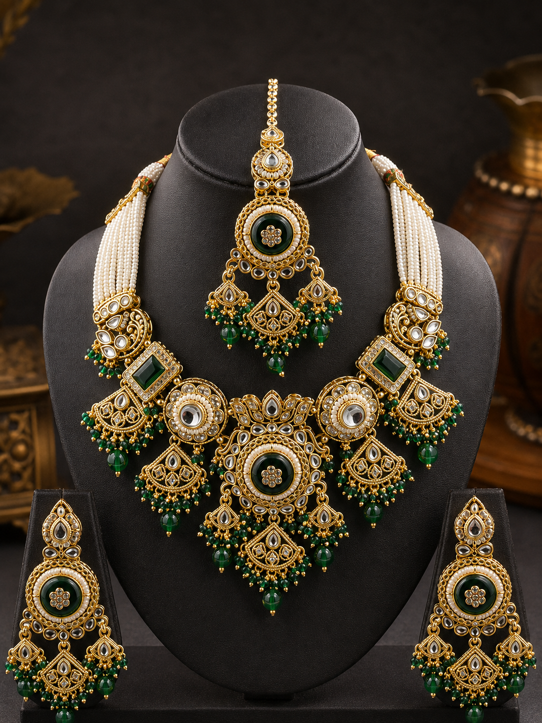 Emerald Kundan Pearl Necklace Set