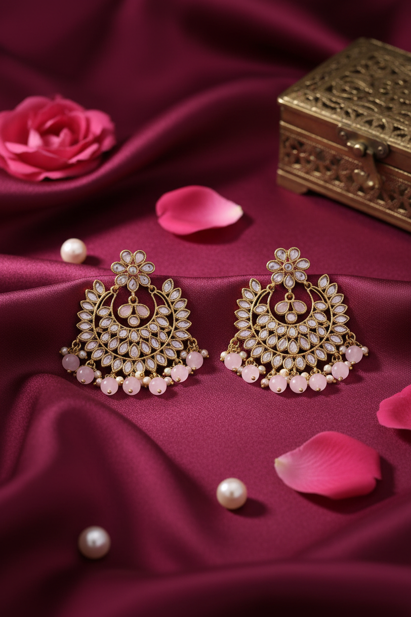 Pink Royal Kundan Chandbali Earrings