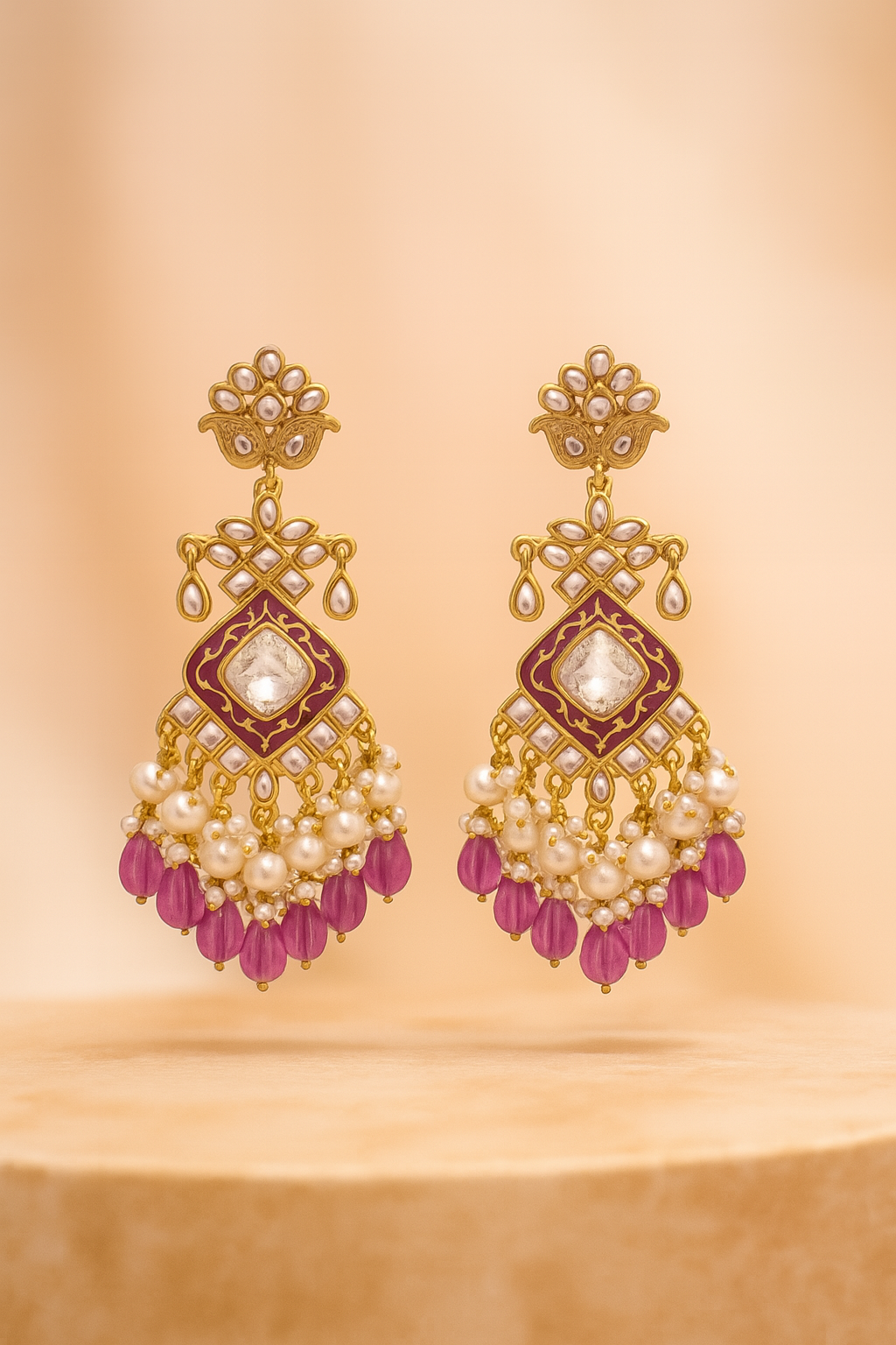 Purple Elegant Kundan & Pearl Chandbali Earrings